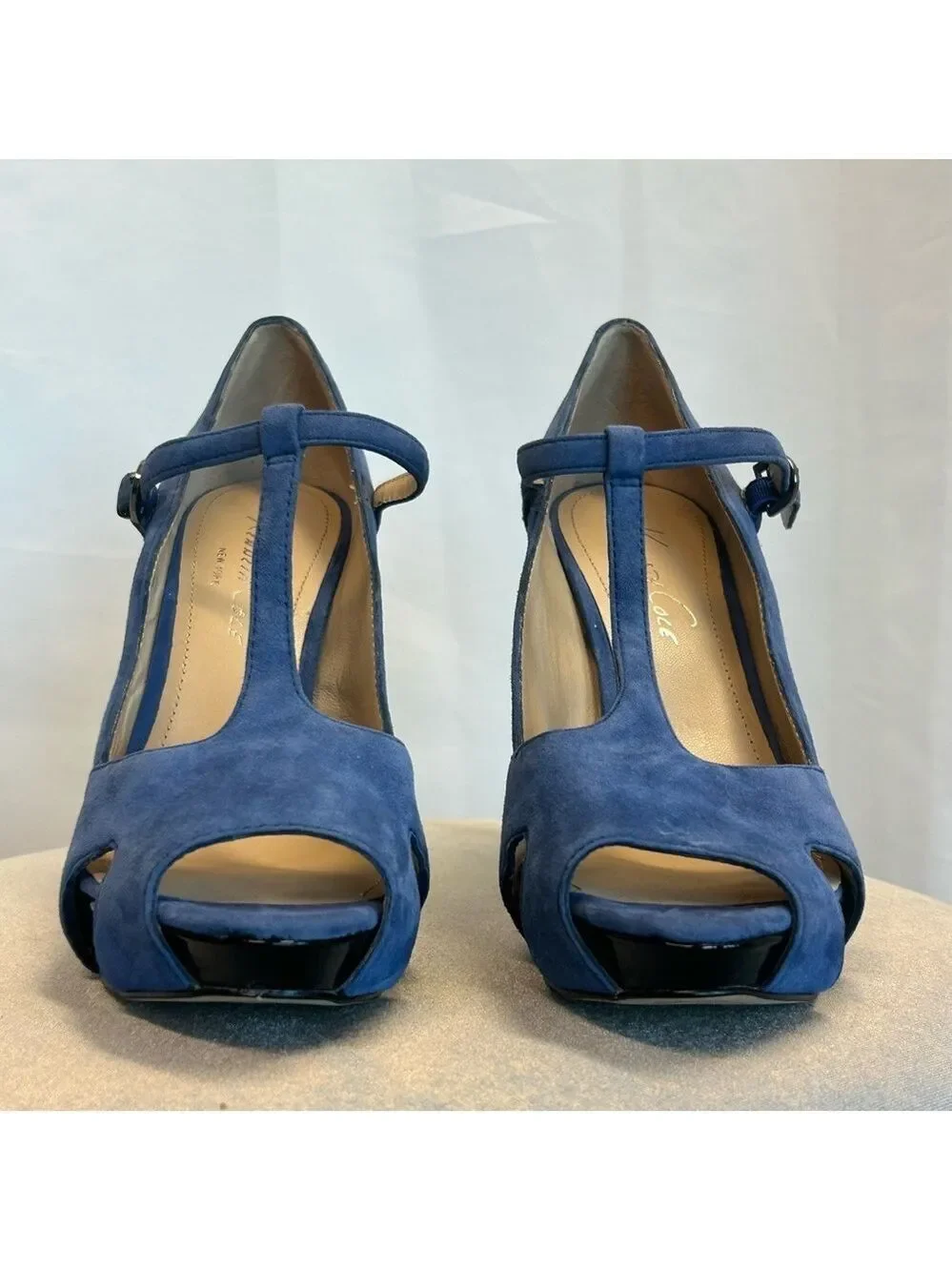 Kenneth Cole blue suede leather T-bar strap Au Cafe Platform high heels Sz 9